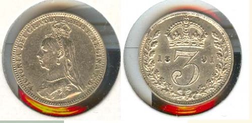 מטבע הכסף של בריטניה מיום 1891: שלוש פני עם דימוי של המלכה ויקטוריה
