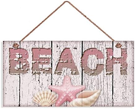 שלט חוף עם כוכבי ים וקליפות ים על עיצוב עץ עם אוויר ורוד בהיר, שלט 5 x 10, בית חוף, קיץ