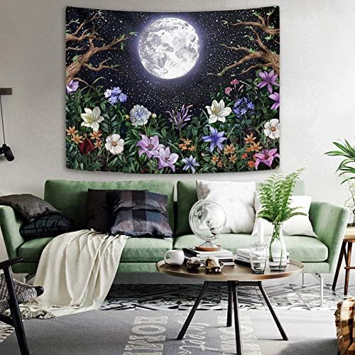 קיר שטיחי גן אסתטי של ניזוז קיר קיר קיר, נוף לילה עם צמחים צבעוניים שטיחים פרחוניים לחדר שינה עיצוב בית רב צבע 60 × 80 אינץ '