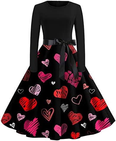 שמלת חג האהבה לנשים שרוול ארוך אלגנטי בציר קו שמלת אהבת לב שמלת אופנה מותניים עניבת צווארון שמלה
