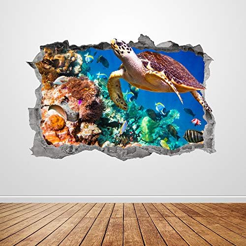 מתחת לקיר הים מדבקות אמנות מנופצת תלת מימדית צב ים חיה קיר חיה מדבקת קיר פוסטר לילדים עיצוב חדר מתנה UP349