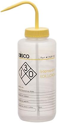 בקבוק שטיפה של איסקו לאיזופרופנול, 500 מל - מסומן במידע כימי ובטיחותי מקודד צבע - פה רחב, אוורור עצמי, מעבדות פוליאתילן בצפיפות נמוכה
