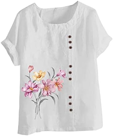 נשים בכושר רופף חולצות כפתור למטה קיץ עגול צוואר טוניקת חולצות כותנה פשתן פרפרים קצר שרוול מזדמן חולצות