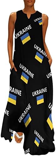 אוקראיני דגל נשים של מקסי קרסול שמלה ארוך שרוולים שמלה עם כיסים